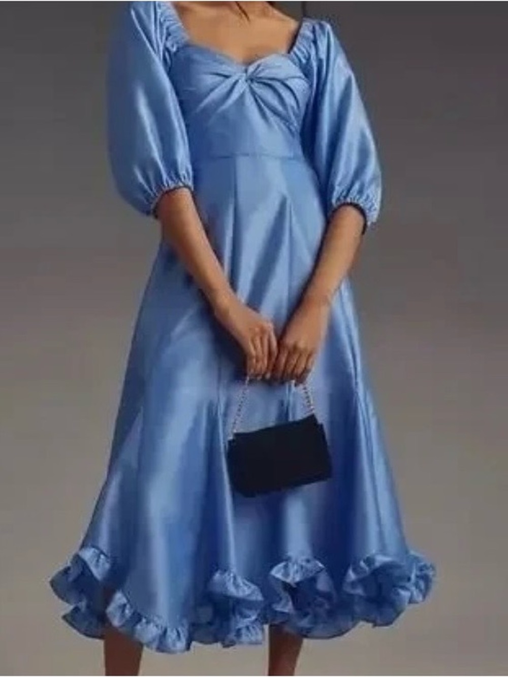 Hutch anthropologie Blue Satin Maxi Dress with Puff Sleeves and Ruffle Hem